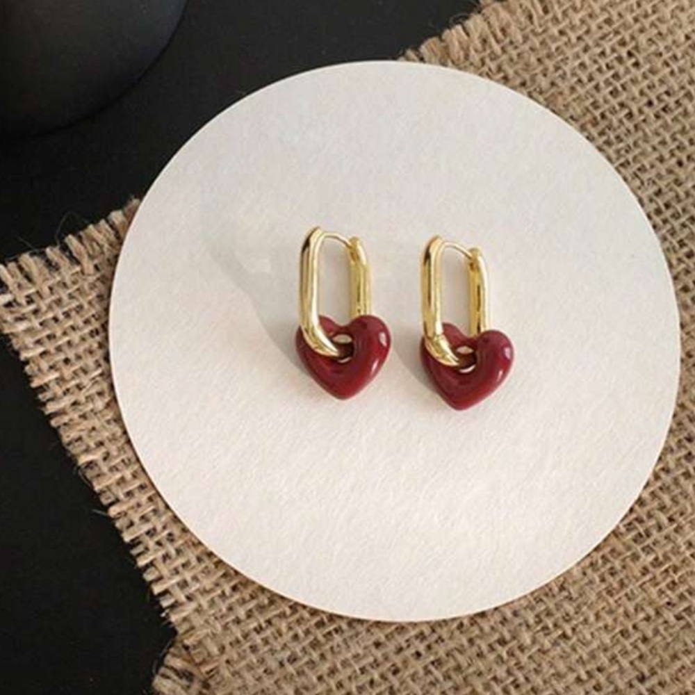 Gold red heart Hoop Earrings M670